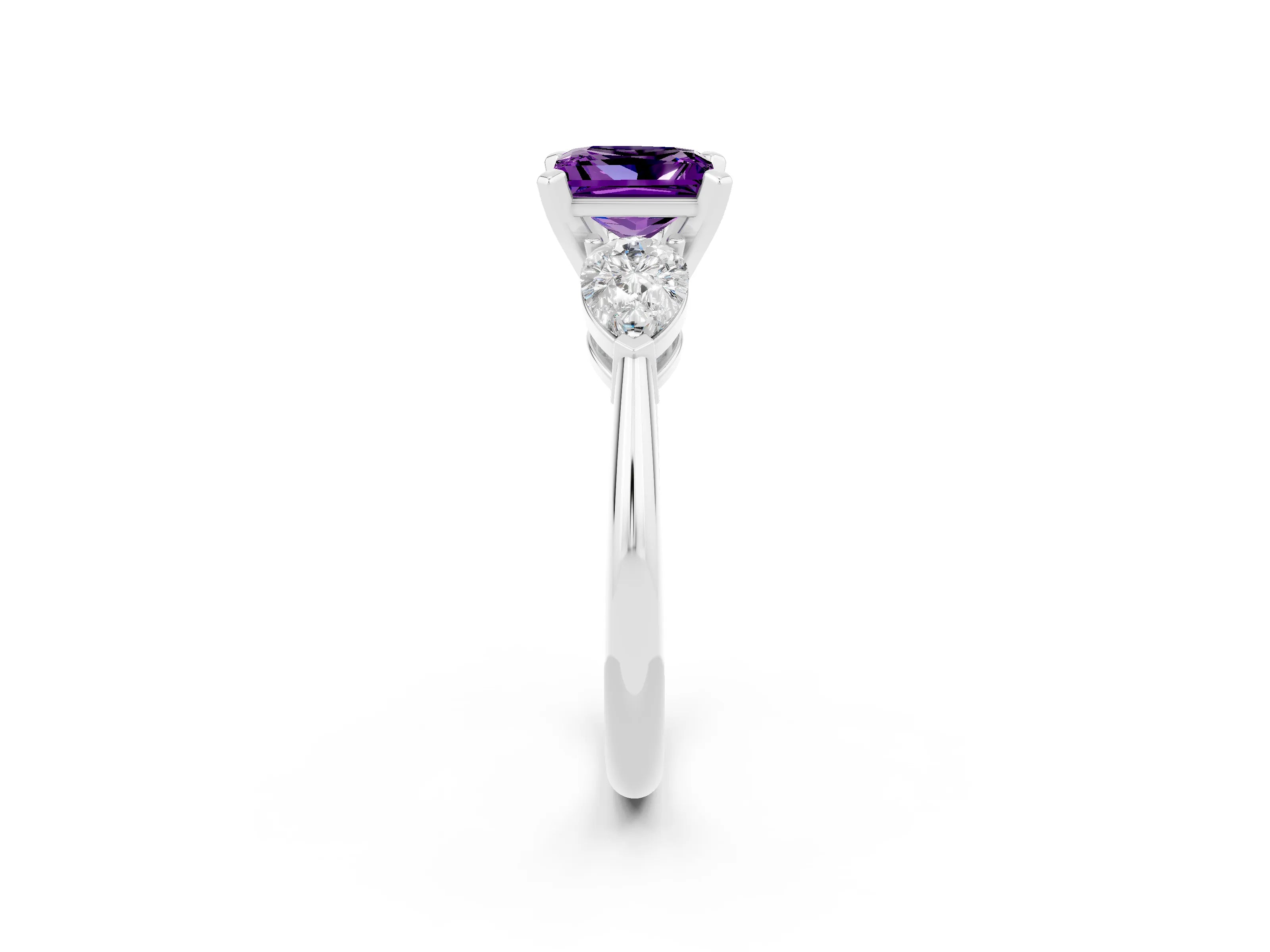 White gold Three-Stone Princess Cut Amethyst Ring with Pear Side Stones and Four-Prong Setting_2