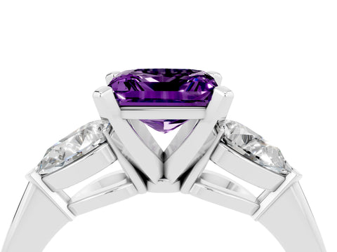 White gold Three-Stone Princess Cut Amethyst Ring with Pear Side Stones and Four-Prong Setting_4