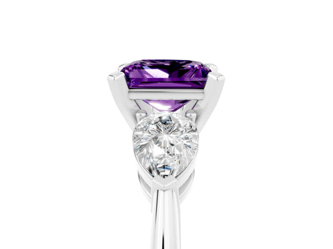White gold Three-Stone Princess Cut Amethyst Ring with Pear Side Stones and Four-Prong Setting_5