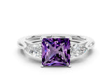 White gold Three-Stone Princess Cut Amethyst Ring with Pear  Side Stones in Four-Prong Setting_12