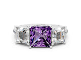 White gold Three-Stone Princess Cut Amethyst Ring with Round  Pavé Band and Prong Setting_12
