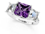 White gold Three-Stone Princess Cut Amethyst Ring with Round  Pavé Band and Prong Setting_13