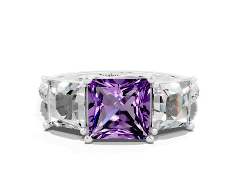 White gold Three-Stone Princess Cut Amethyst Ring with Round  Pavé Band and Prong Setting_24
