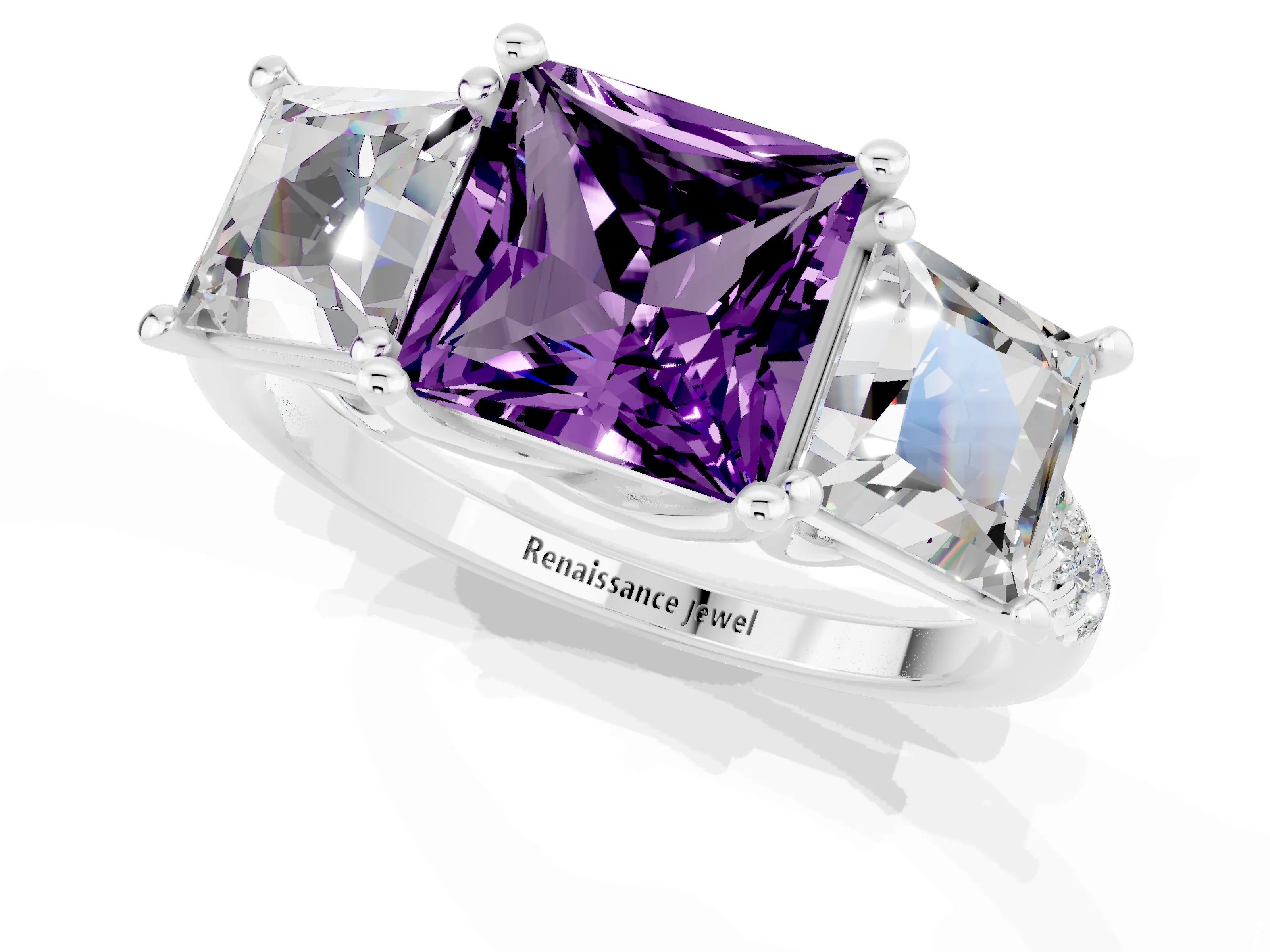 White gold Three-Stone Princess Cut Amethyst Ring with Round  Pavé Band and Prong Setting_25
