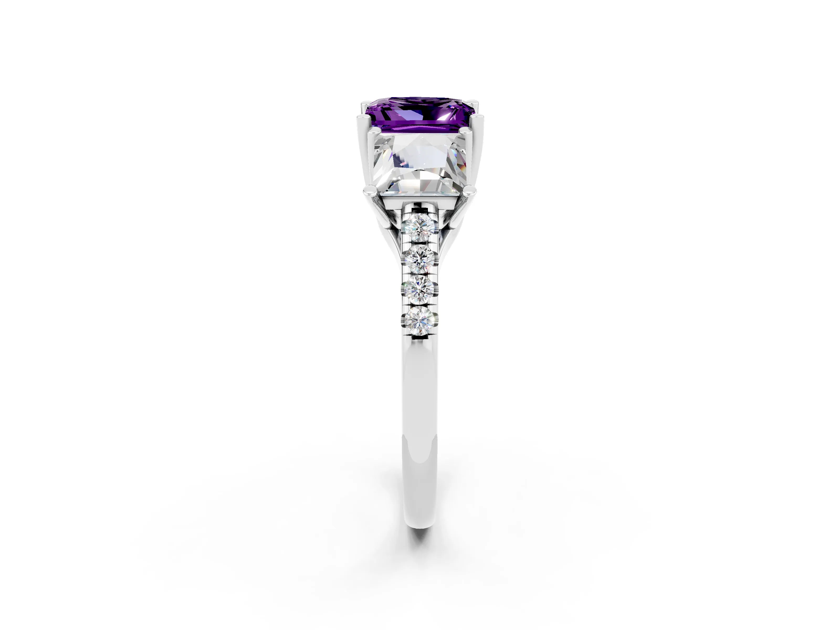 White gold Three-Stone Princess Cut Amethyst Ring with Round  Pavé Band and Prong Setting_26