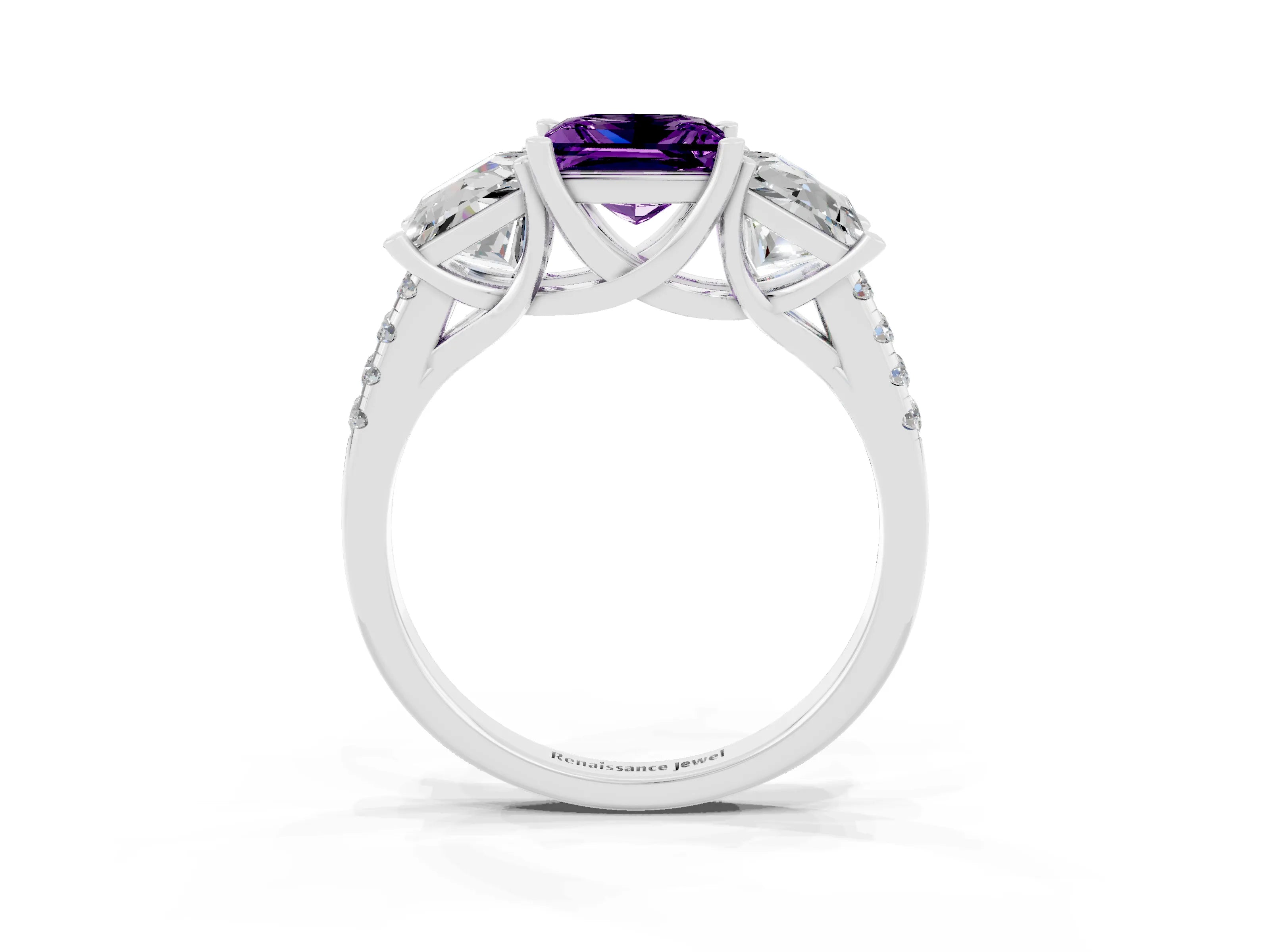 White gold Three-Stone Princess Cut Amethyst Ring with Round  Pavé Band and Prong Setting_27
