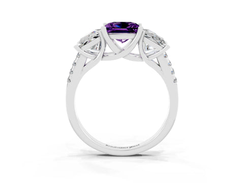 White gold Three-Stone Princess Cut Amethyst Ring with Round  Pavé Band and Prong Setting_27