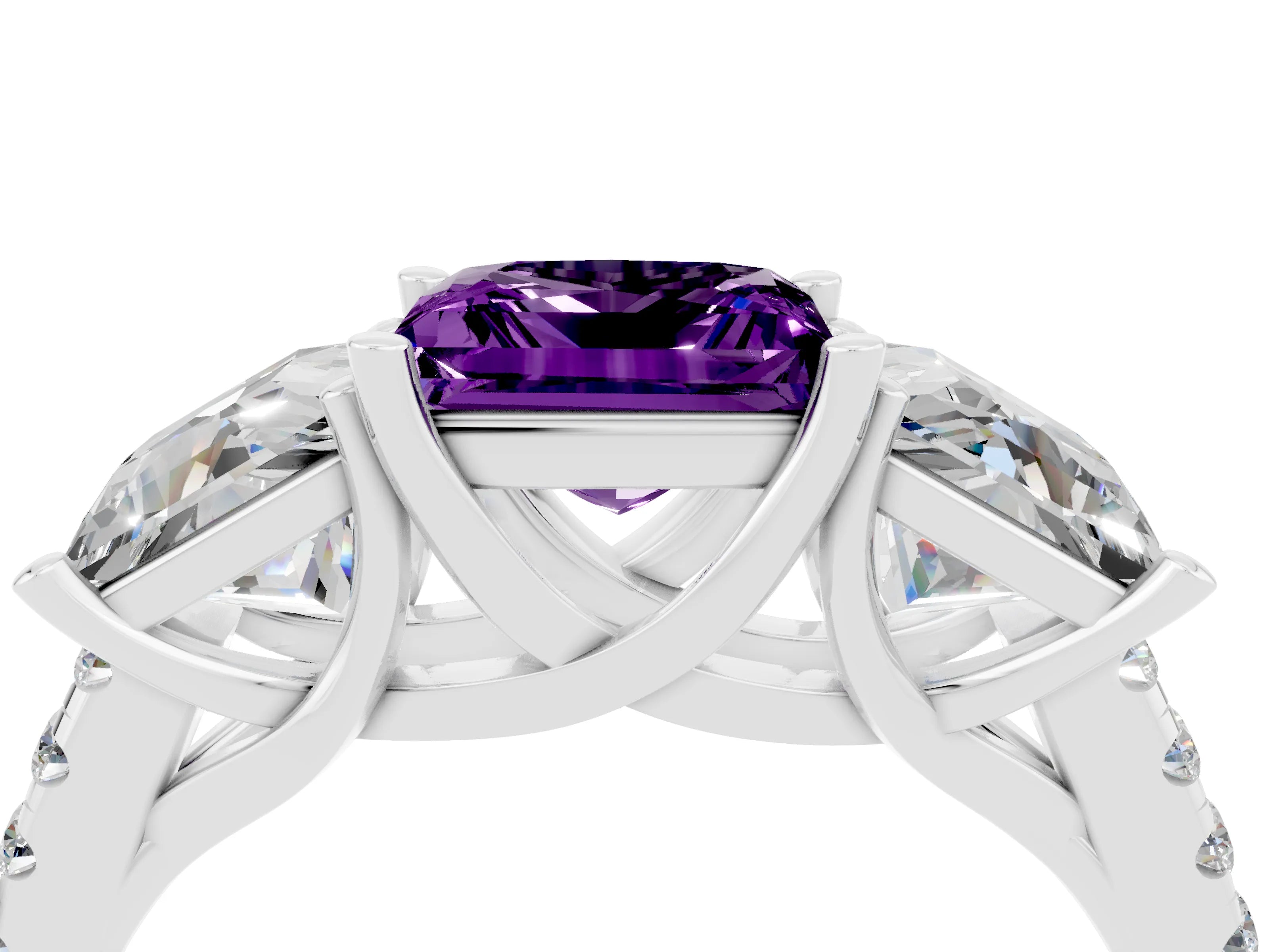 White gold Three-Stone Princess Cut Amethyst Ring with Round  Pavé Band and Prong Setting_28