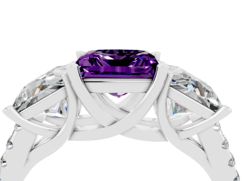White gold Three-Stone Princess Cut Amethyst Ring with Round  Pavé Band and Prong Setting_28