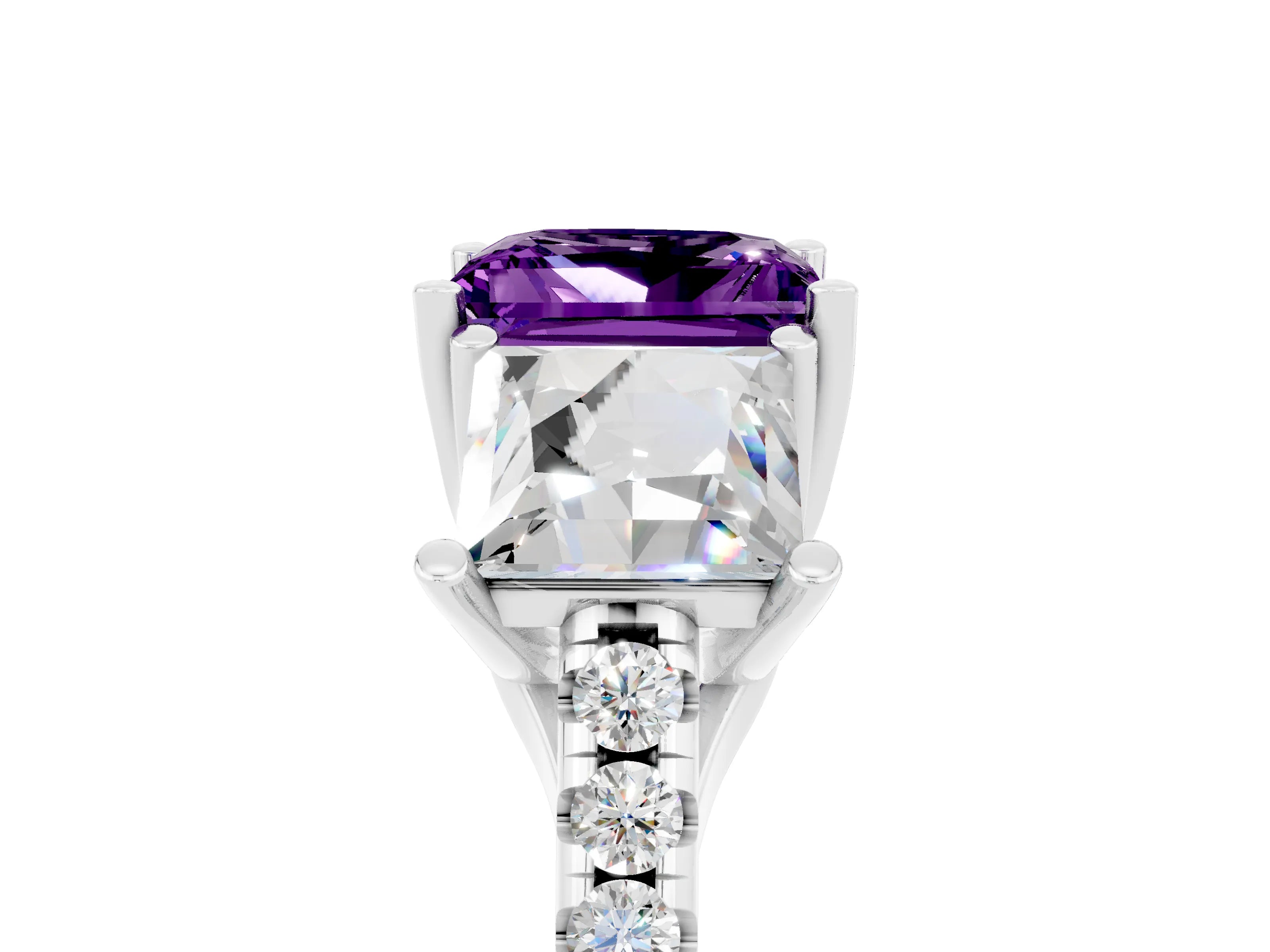White gold Three-Stone Princess Cut Amethyst Ring with Round  Pavé Band and Prong Setting_29