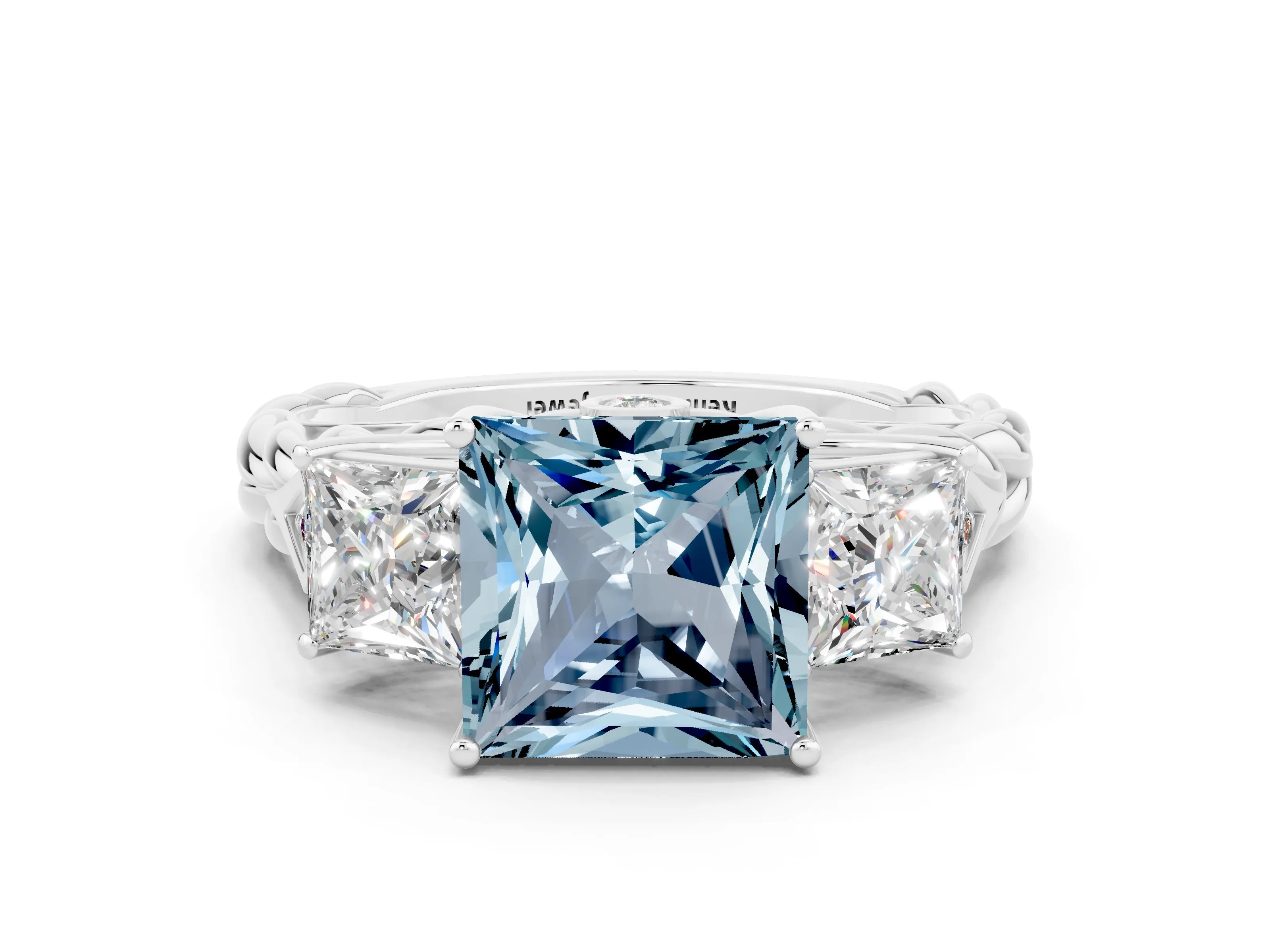White gold Three-Stone Princess Cut Aquamarine Braided Band Ring with Four-Prong Setting_35