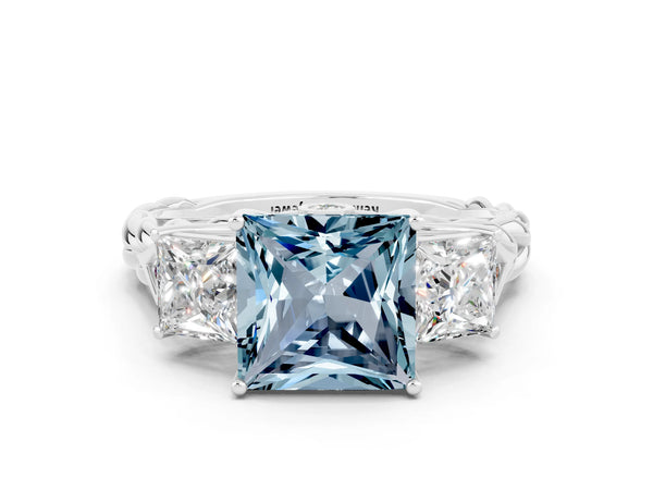 Silver Three-Stone Princess Cut Aquamarine Braided Band Ring with Four-Prong Setting