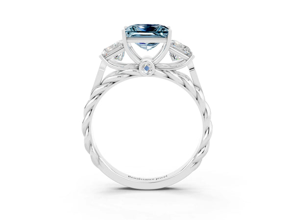 Platinum Three-Stone Princess Cut Aquamarine Braided Band Ring with Four-Prong Setting