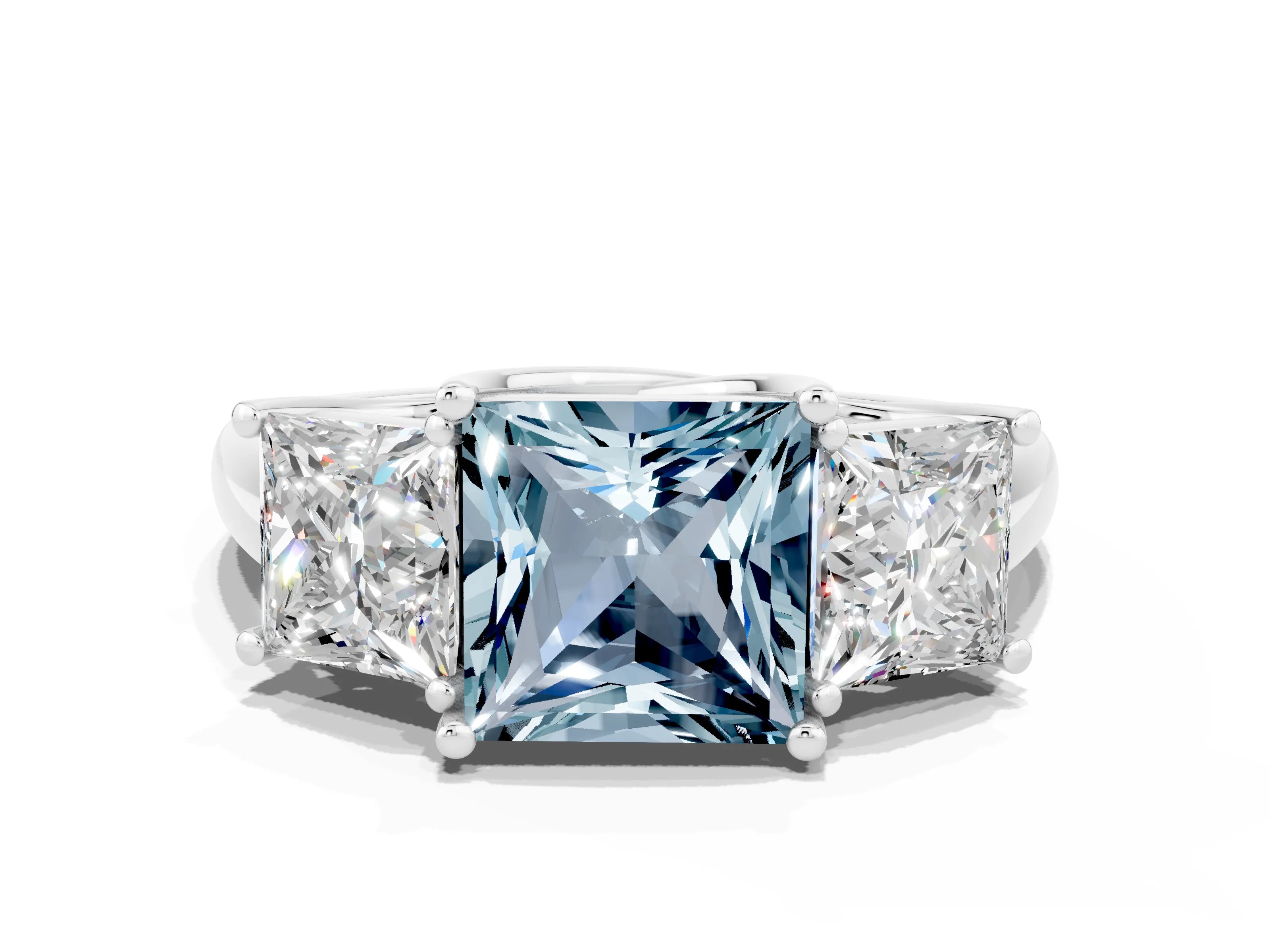 White gold Three-Stone Princess Cut Aquamarine Engagement Ring with Prong Setting