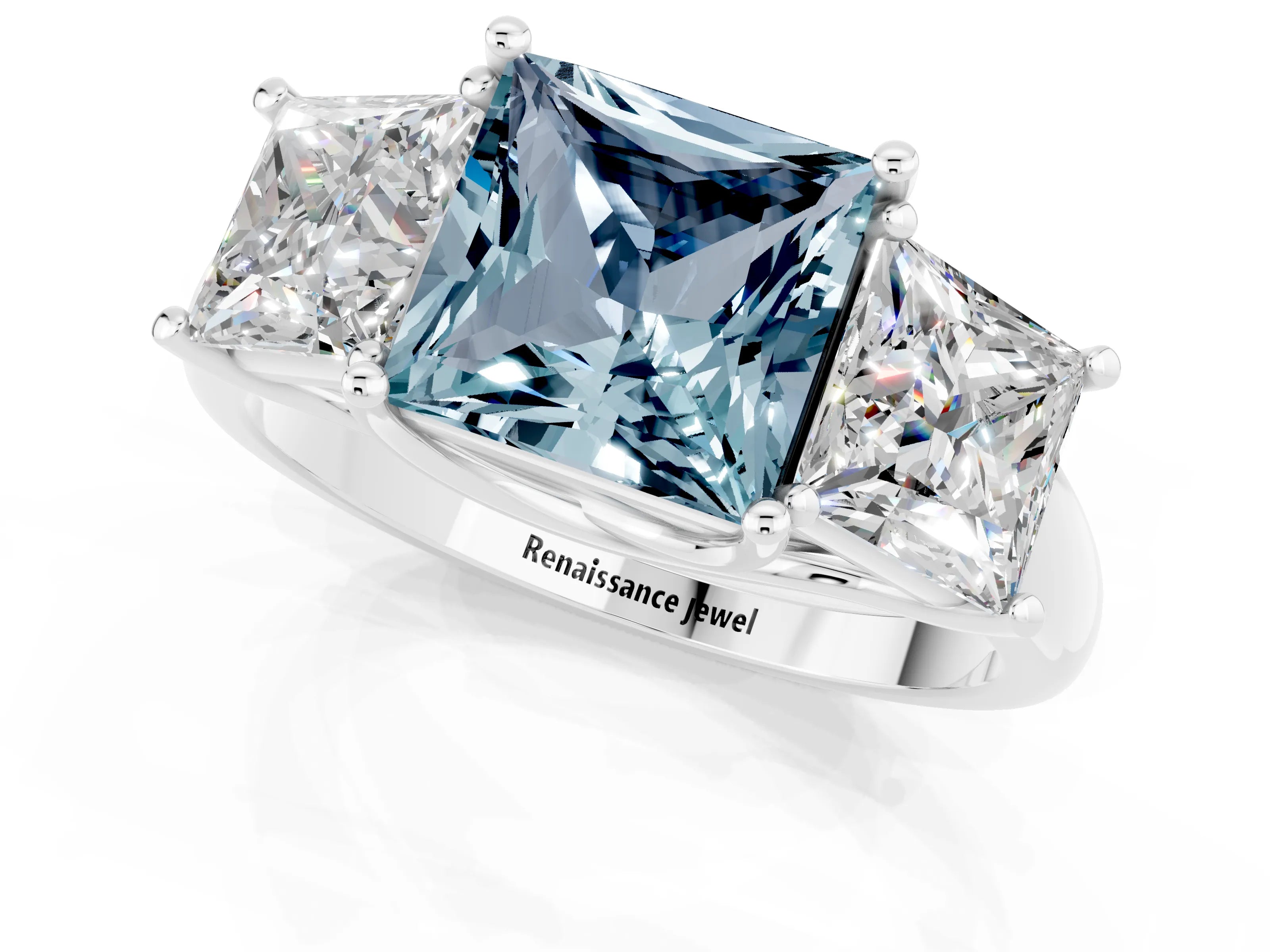 White gold Three-Stone Princess Cut Aquamarine Engagement Ring with Prong Setting_1