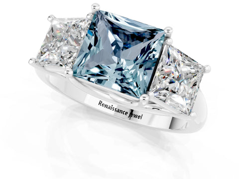 White gold Three-Stone Princess Cut Aquamarine Engagement Ring with Prong Setting_1
