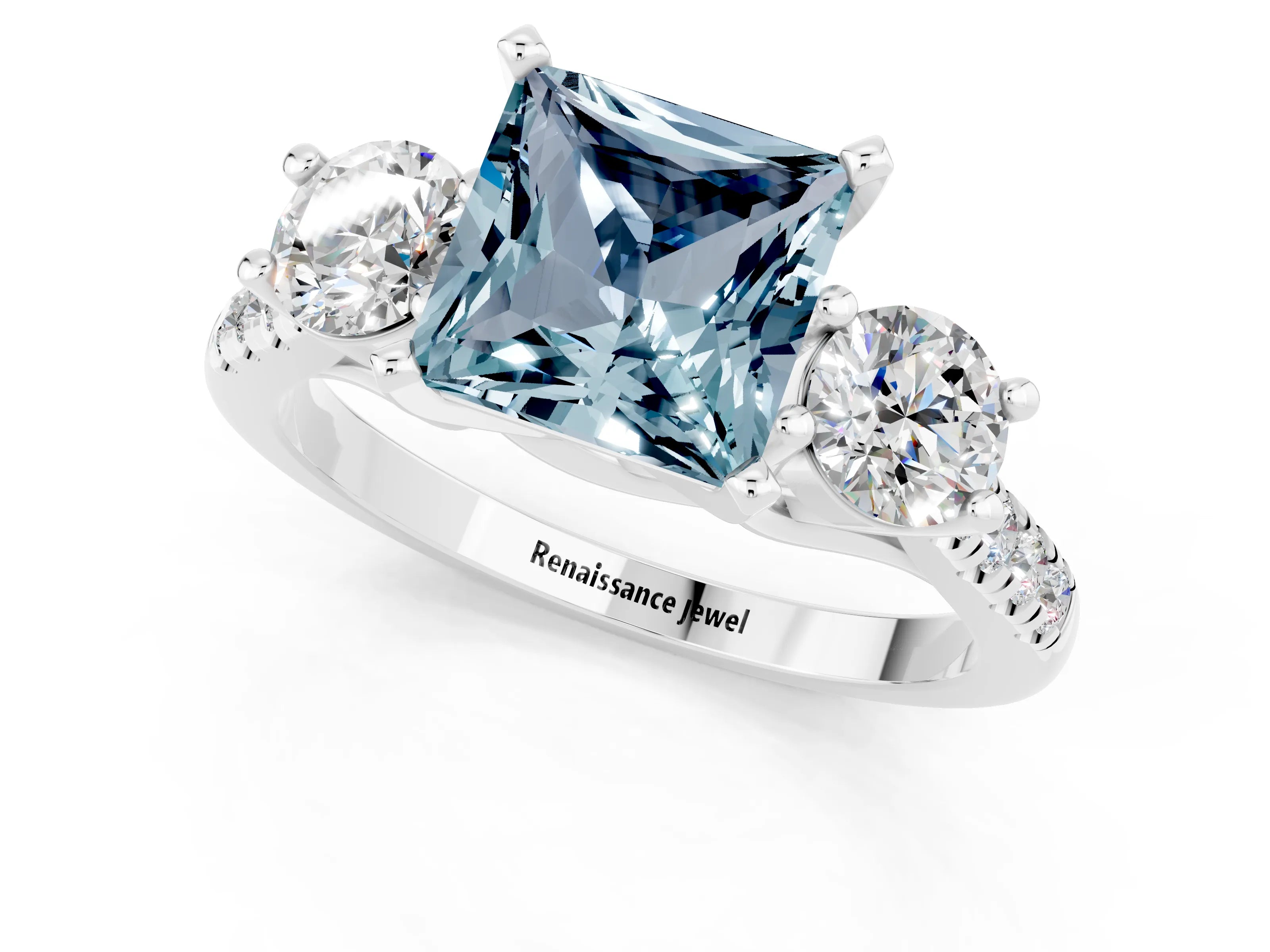 White gold Three-Stone Princess Cut Aquamarine Pavé Band with Four-Prong Setting_1