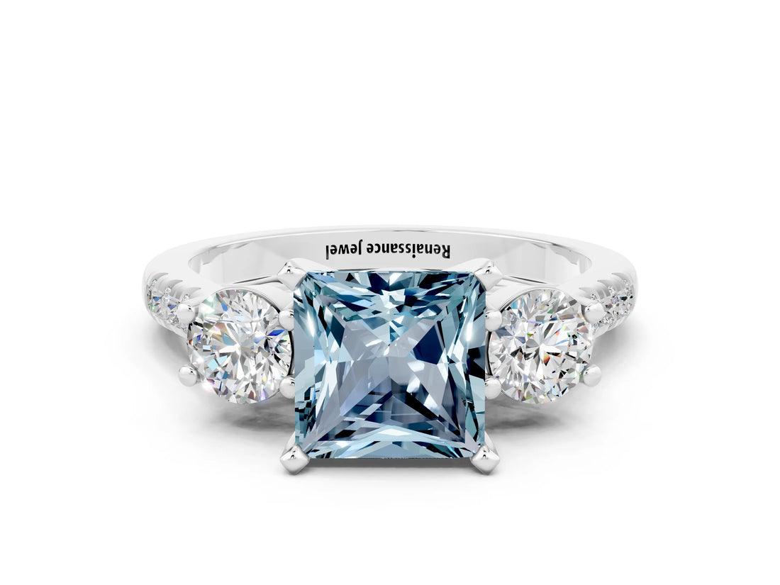 White gold Three-Stone Princess Cut Aquamarine Pavé Band with Four-Prong Setting