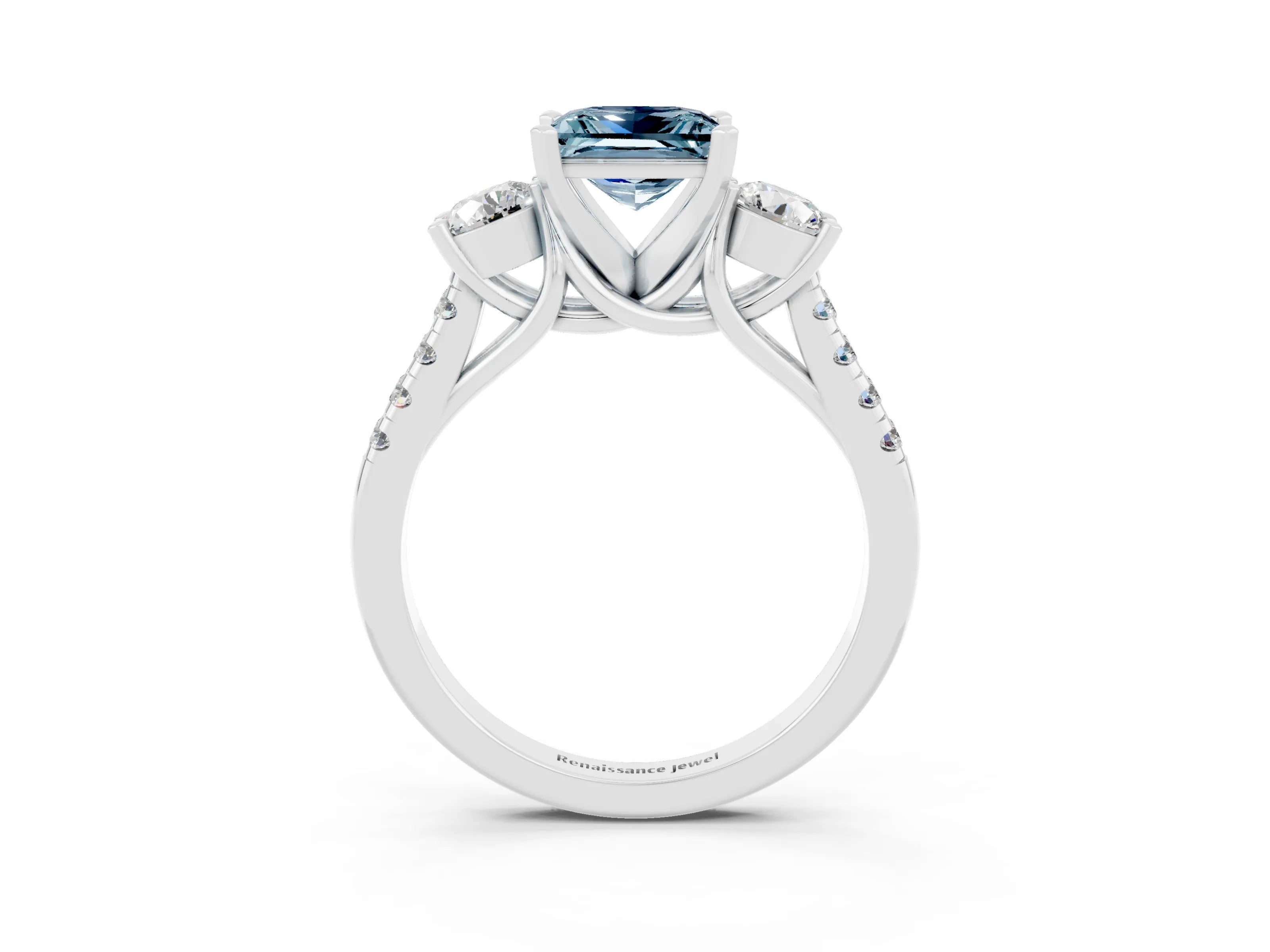 White gold Three-Stone Princess Cut Aquamarine Pavé Band with Four-Prong Setting_3
