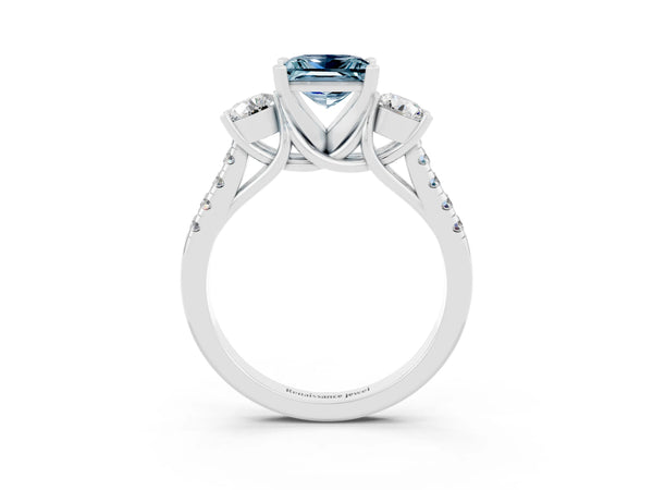 White gold Three-Stone Princess Cut Aquamarine Pavé Band with Four-Prong Setting
