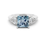 White gold Three-Stone Princess Cut Aquamarine Ring with Pear Side Stones and Four-Prong Setting