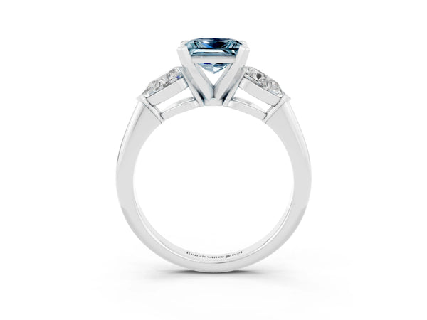 Platinum Three-Stone Princess Cut Aquamarine Ring with Pear Side Stones and Four-Prong Setting