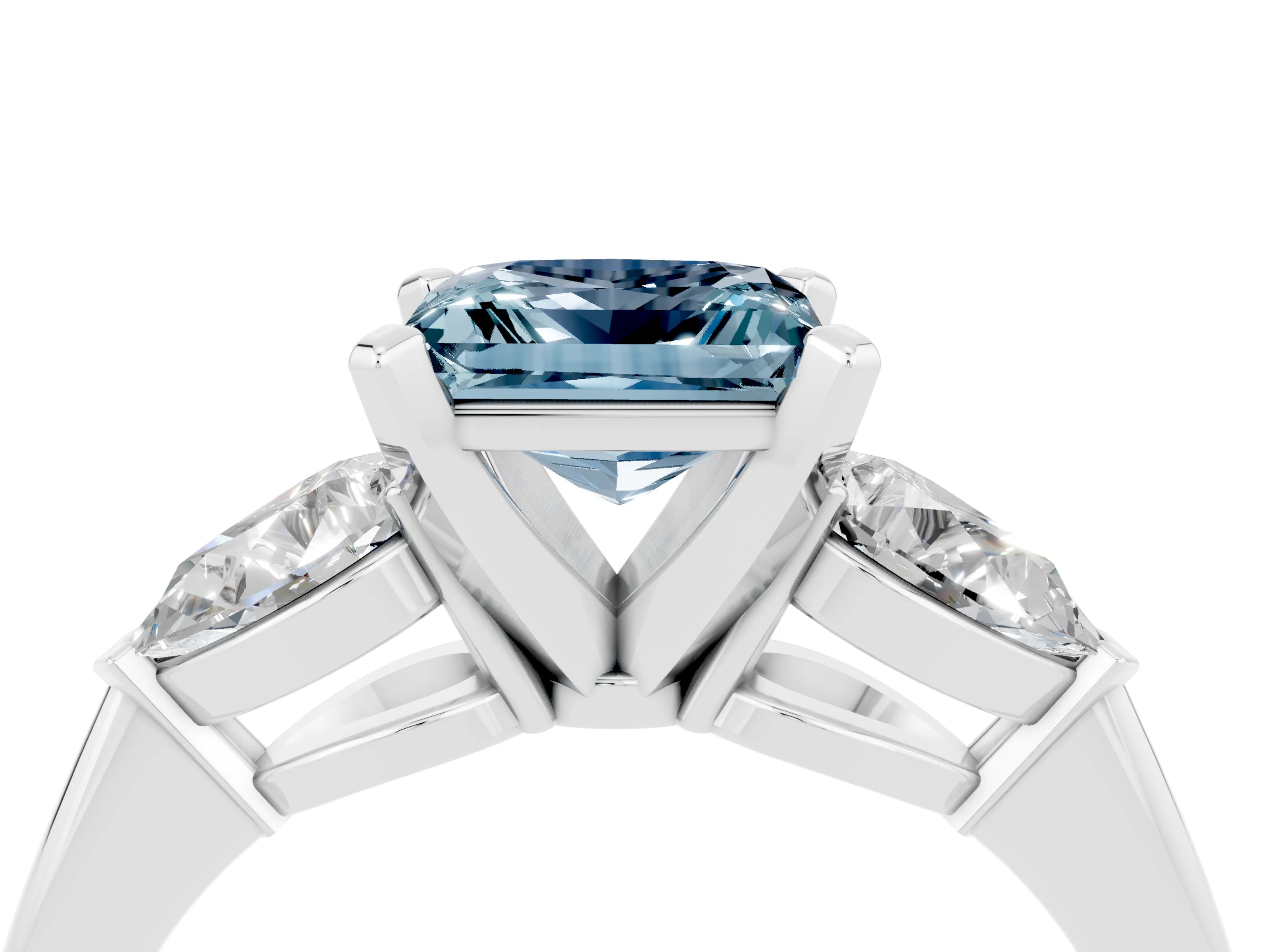 White gold Three-Stone Princess Cut Aquamarine Ring with Pear Side Stones and Four-Prong Setting_4