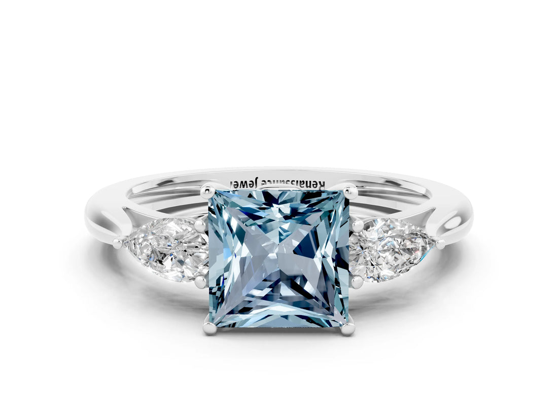 White gold Three-Stone Princess Cut Aquamarine Ring with Pear  Side Stones in Four-Prong Setting_12