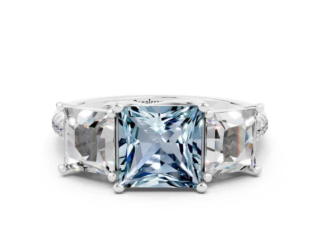 White gold Three-Stone Princess Cut Aquamarine Ring with Round  Pavé Band and Prong Setting_12