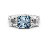 White gold Three-Stone Princess Cut Aquamarine Ring with Round  Pavé Band and Prong Setting_12