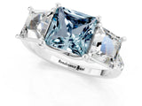 White gold Three-Stone Princess Cut Aquamarine Ring with Round  Pavé Band and Prong Setting_13