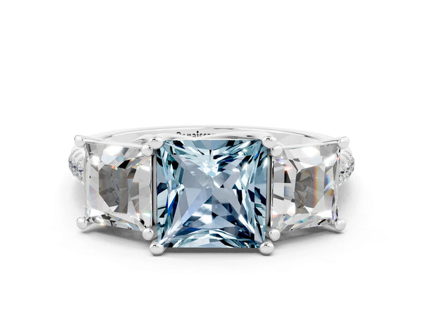 Silver Three-Stone Princess Cut Aquamarine Ring with Round  Pavé Band and Prong Setting