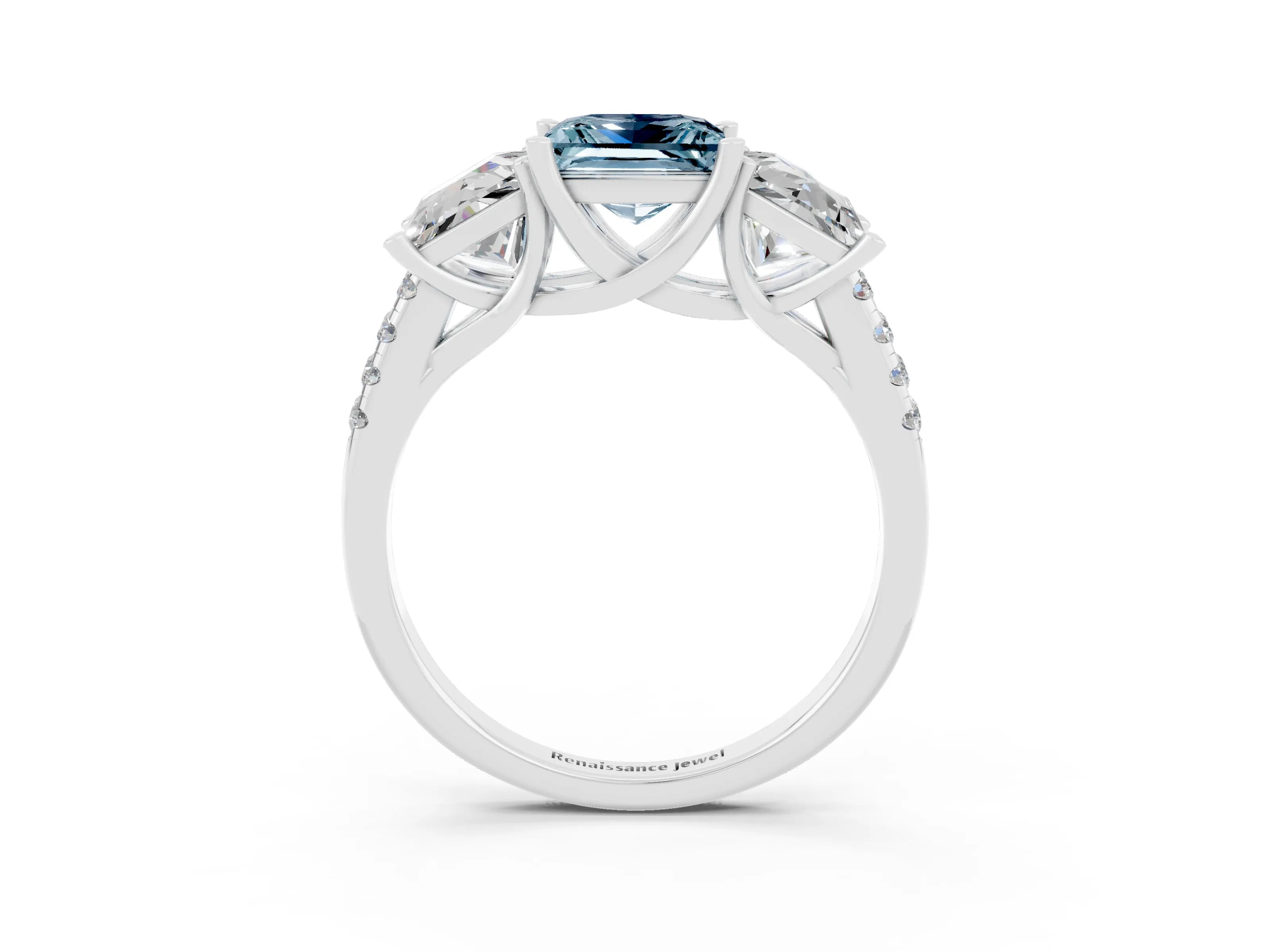 White gold Three-Stone Princess Cut Aquamarine Ring with Round  Pavé Band and Prong Setting_27