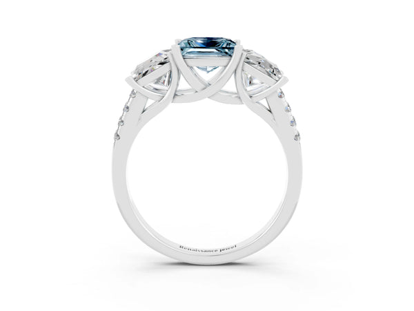 Platinum Three-Stone Princess Cut Aquamarine Ring with Round  Pavé Band and Prong Setting