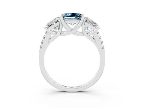 White gold Three-Stone Princess Cut Aquamarine Ring with Round  Pavé Band and Prong Setting_27