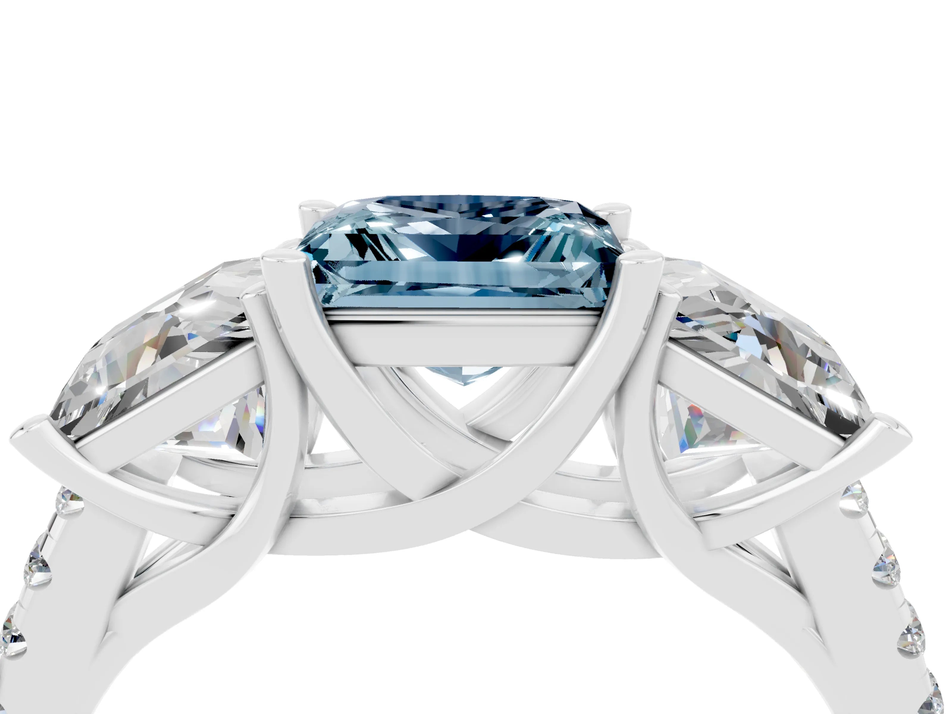 White gold Three-Stone Princess Cut Aquamarine Ring with Round  Pavé Band and Prong Setting_28