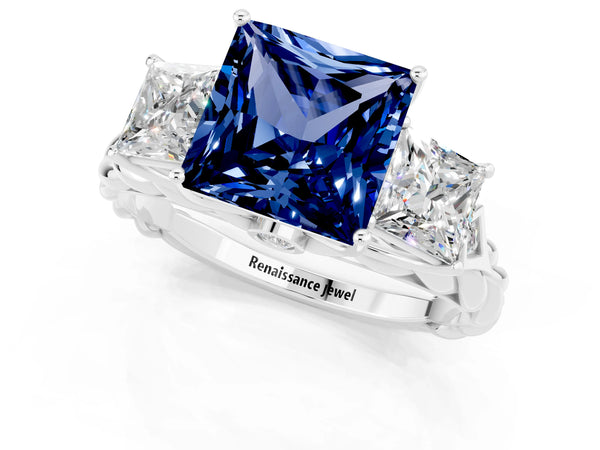 White gold Three-Stone Princess Cut Blue Sapphire Braided Band Ring with Four-Prong Setting