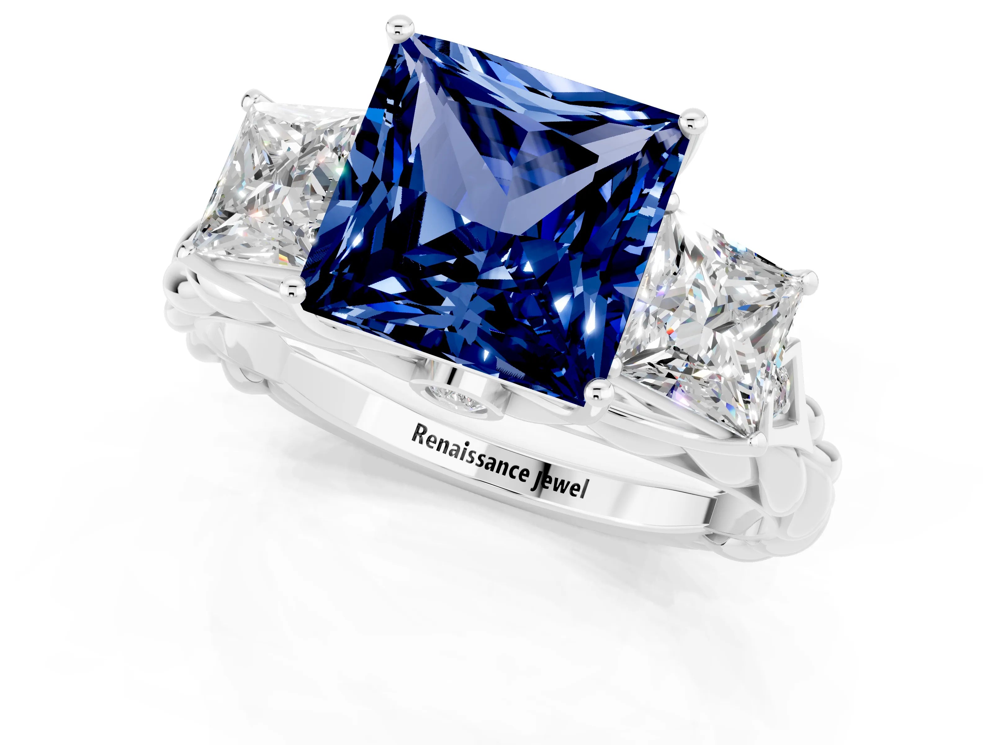 White gold Three-Stone Princess Cut Blue Sapphire Braided Band Ring with Four-Prong Setting_32