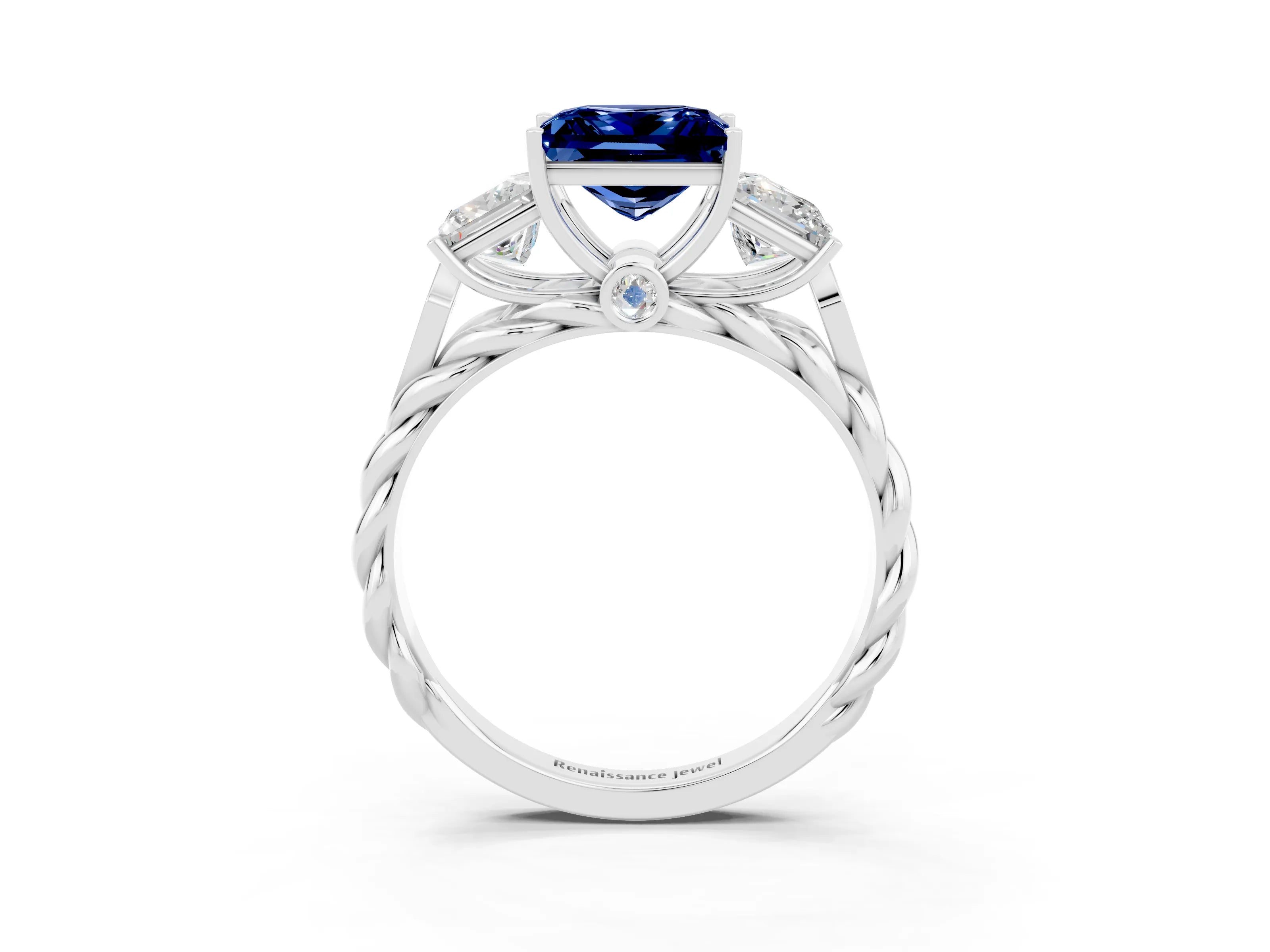 White gold Three-Stone Princess Cut Blue Sapphire Braided Band Ring with Four-Prong Setting_33
