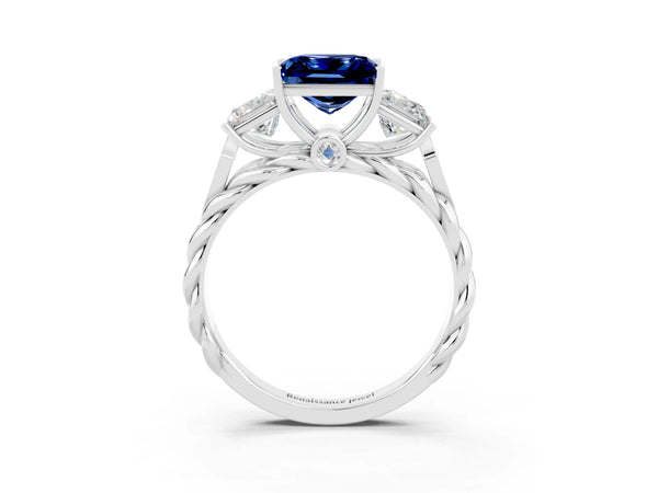 Platinum Three-Stone Princess Cut Blue Sapphire Braided Band Ring with Four-Prong Setting