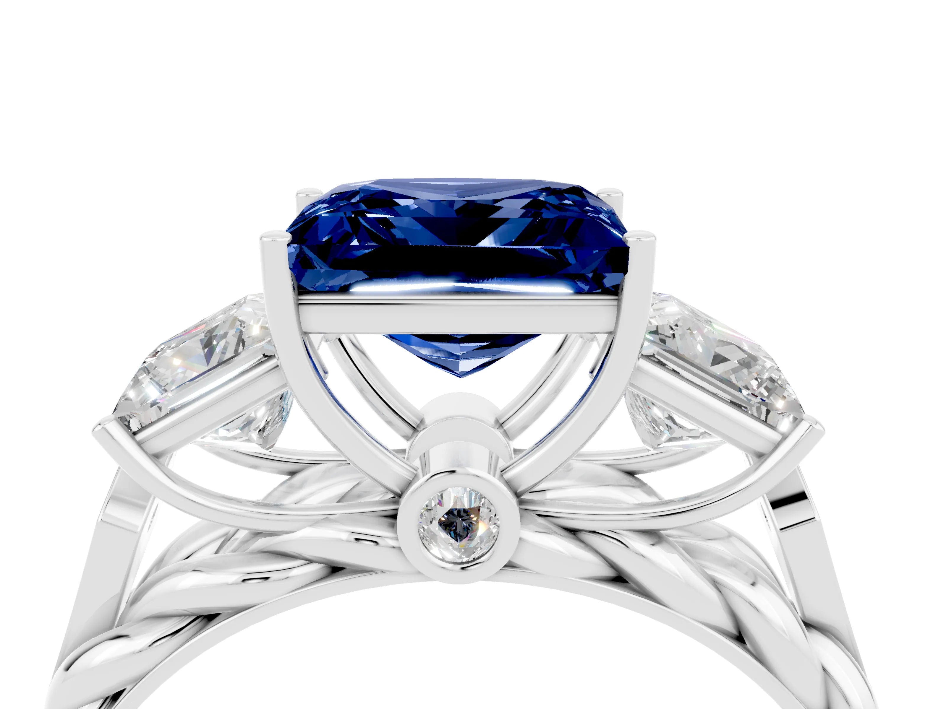 White gold Three-Stone Princess Cut Blue Sapphire Braided Band Ring with Four-Prong Setting_35