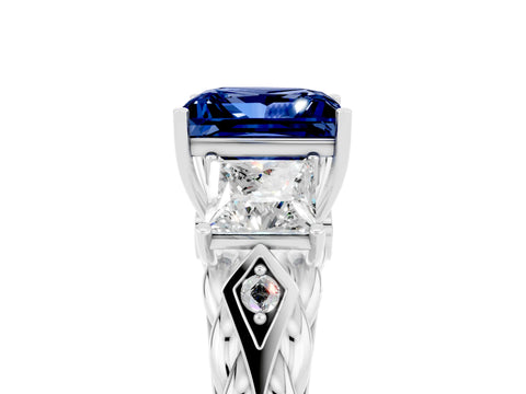 White gold Three-Stone Princess Cut Blue Sapphire Braided Band Ring with Four-Prong Setting_36