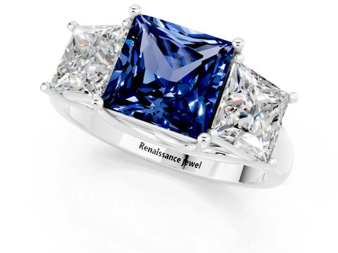 White gold Three-Stone Princess Cut Blue Sapphire Engagement Ring with Prong Setting_1