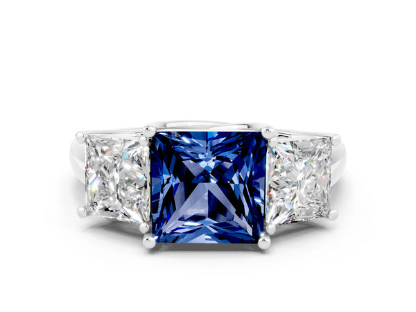 White gold Three-Stone Princess Cut Blue Sapphire Engagement Ring with Prong Setting