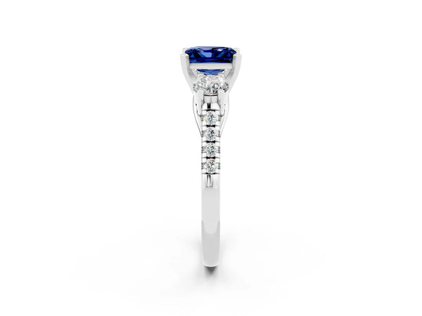 Silver Three-Stone Princess Cut Blue Sapphire Pavé Band with Four-Prong Setting