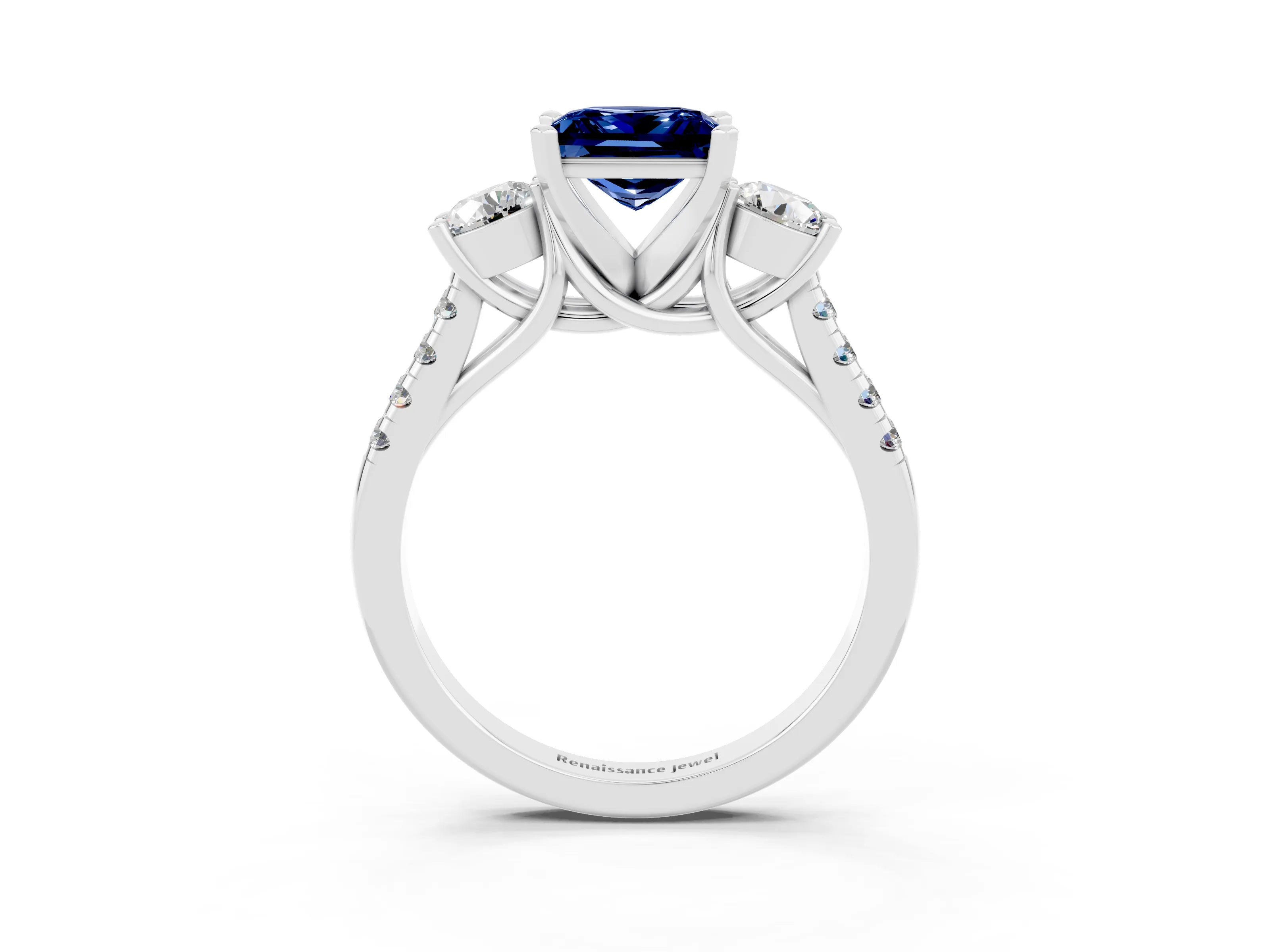 White gold Three-Stone Princess Cut Blue Sapphire Pavé Band with Four-Prong Setting_3