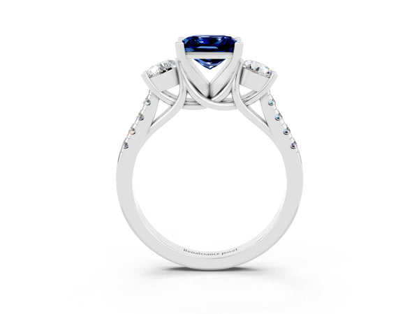 Silver Three-Stone Princess Cut Blue Sapphire Pavé Band with Four-Prong Setting