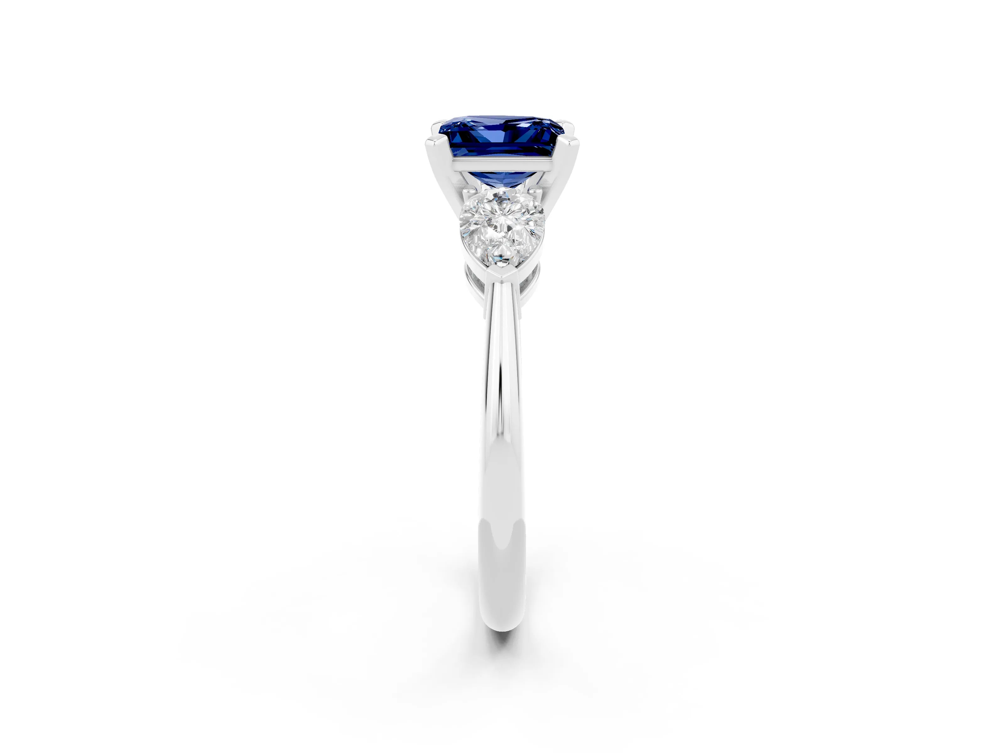 White gold Three-Stone Princess Cut Blue Sapphire Ring with Pear Side Stones and Four-Prong Setting_2