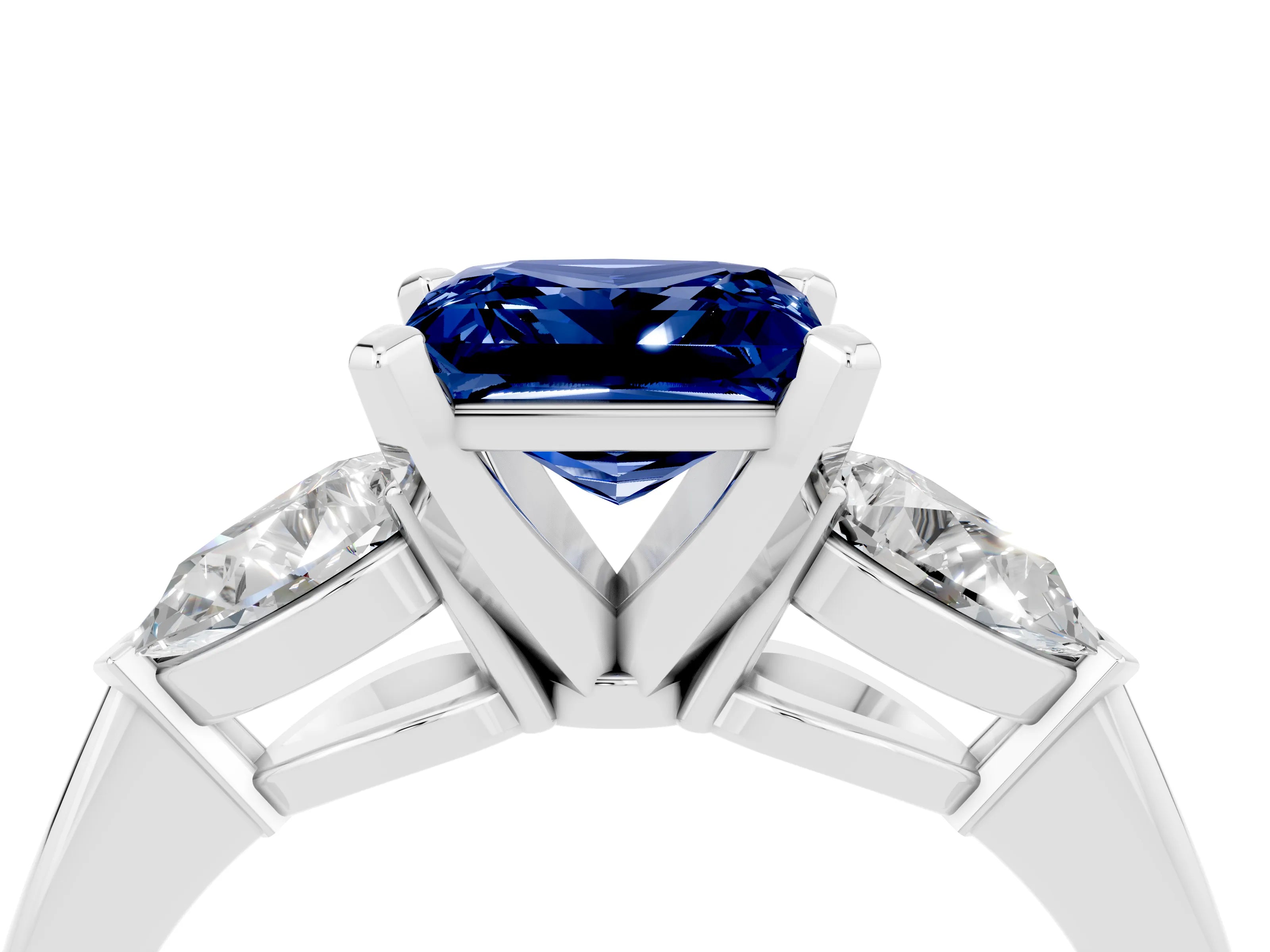 White gold Three-Stone Princess Cut Blue Sapphire Ring with Pear Side Stones and Four-Prong Setting_4