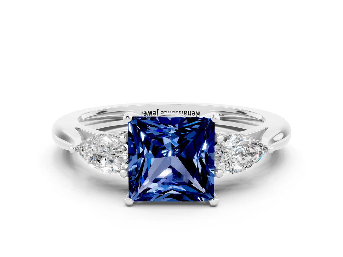 White gold Three-Stone Princess Cut Blue Sapphire Ring with Pear  Side Stones in Four-Prong Setting_12